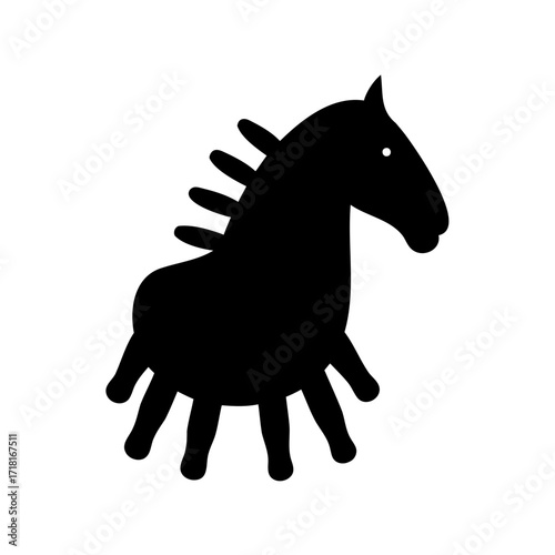 Stylized black silhouette of a horse with six legs and a mane