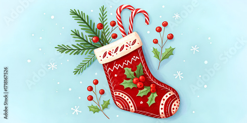 Close-up of a detailed red Christmas stocking with holly berry pattern and a candy cane