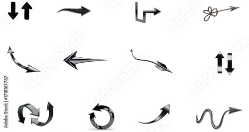 Vector art of collection of diverse arrow icons and symbols, , representing direction, movement, and navigation in various styles and forms