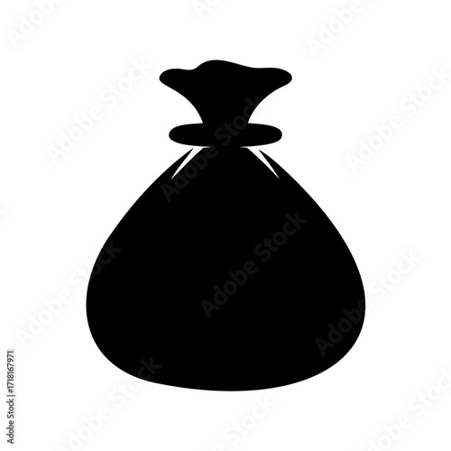 Black silhouette of a sack with tied top on white background