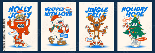 Contemporary Retro Christmas poster set with groovy festive characters hot drink mug, snowman, reindeer and Christmas tree in groovy holiday card. Vintage xmas mascot.