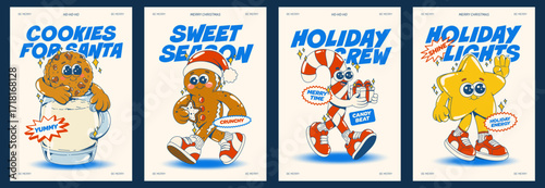 Contemporary Retro Christmas poster set in groovy cartoon mascot characters with holiday cookie, gingerbread man, candy cane and shining star. Cute xmas card.