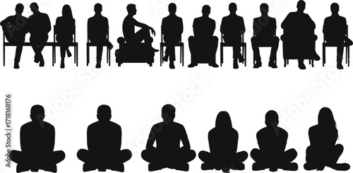 Silhouettes of people sitting in various poses, seated figures on chairs and floor, vector illustration for design and presentation
