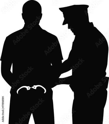 Police Officer Arresting Man with Handcuffs Silhouette Vector Illustration