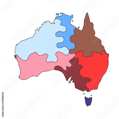 Map of Australia with color-coded regions for educational use, Columbus Day  