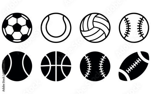 Variety of Ball set vector illustrations, showcasing a variety of sports balls, perfect for athletic themes. The design is bold and distinct, emphasizing simplicity and clarity.
