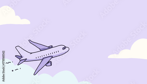 Airplane flying in the lavender sky with clouds for World Tourism Day concept  