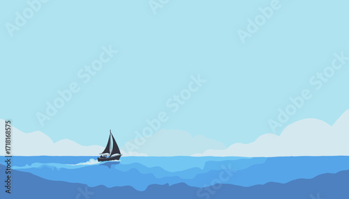 Sailing boat on blue ocean under clear sky in minimalist style  