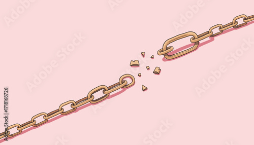 Broken chain links on a pink background symbolizing freedom and independence  