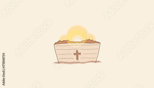 Wooden coffin with cross and sunrise concept of Columbus Day, vector illustration, isolated  