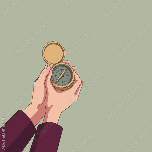 Person holding a compass with both hands on plain background  