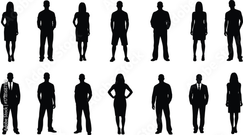 Silhouettes of standing men and women in casual and formal wear, diverse figures for design, vector illustration collection