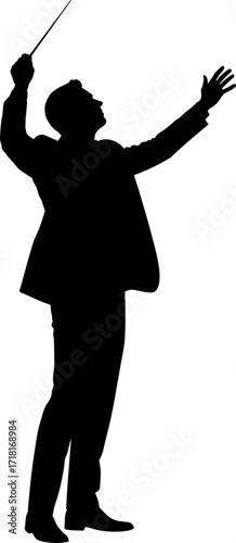 Conductor raising baton both arms extended, standing tall, solid black silhouette