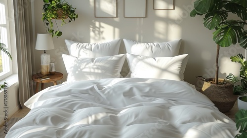 Comfortable and inviting bedroom with soft white bedding and natural light
