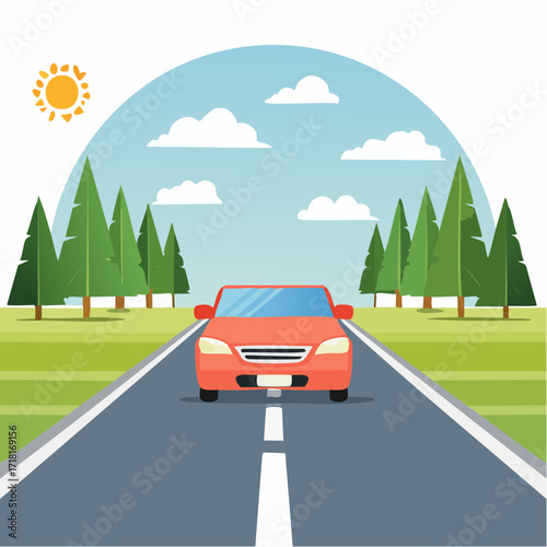 A bright orange car drives down a straight road lined with green trees under a sunny sky with clouds.