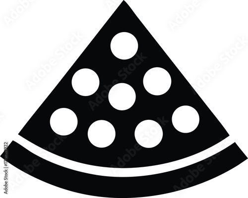 Abstract black slice symbol with white circles representing pizza or cheese simple geometric graphic for food and beverage themes