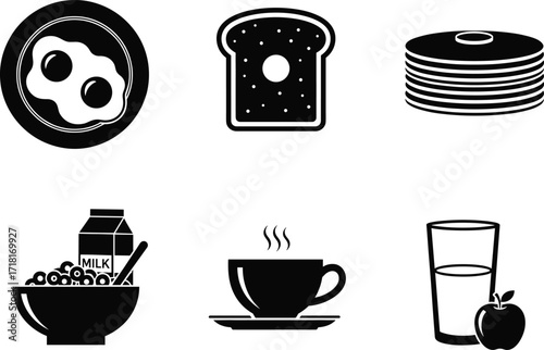 Pr
A Black and White Set of Breakfast Icons, Including Fried Eggs, Toast, Pancakes, and Coffee for Food and Menu Designs.