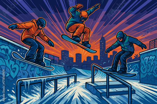 Dynamic urban snowboarding illustration with riders performing tricks on rails at sunset in a graffiti-covered cityscape