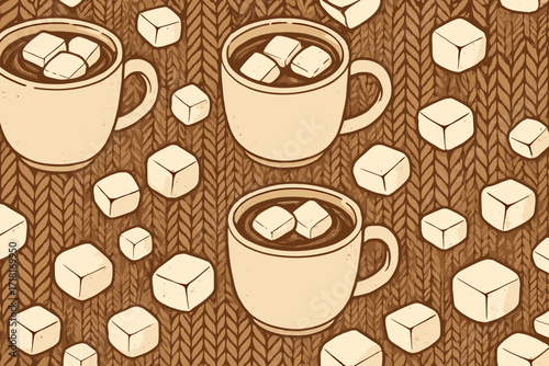 Warm cups of hot cocoa topped with marshmallows and surrounded by sugar cubes on a textured background