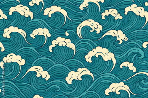 Waves and clouds create a flowing ocean pattern with intricate details in vibrant colors