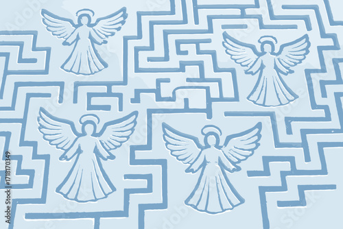 Snow maze pattern with angel silhouettes featuring wings and halos carved into a winter landscape