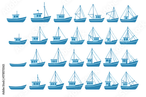 Various fishing boats in different designs and sizes arranged in a grid pattern, showcasing maritime craftsmanship and diversity