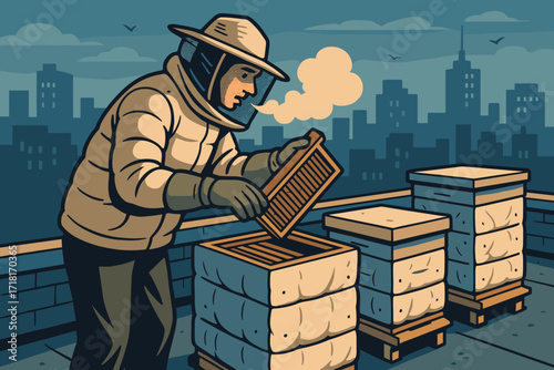 Urban beekeeper tending to hives on a city rooftop during the afternoon sun