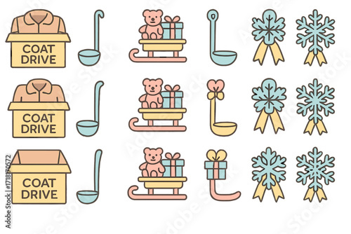 Holiday donation icons including coat drive, ladle, sled with gifts, and snowflakes, festive charitable giving illustration