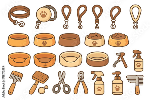 Pet care tools and accessories arranged in a colorful pattern for grooming and feeding activities