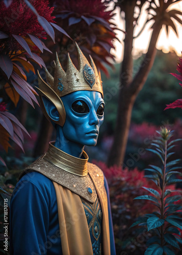 An Arcturian alien stands in a garden of strange red trees within his homeworld.