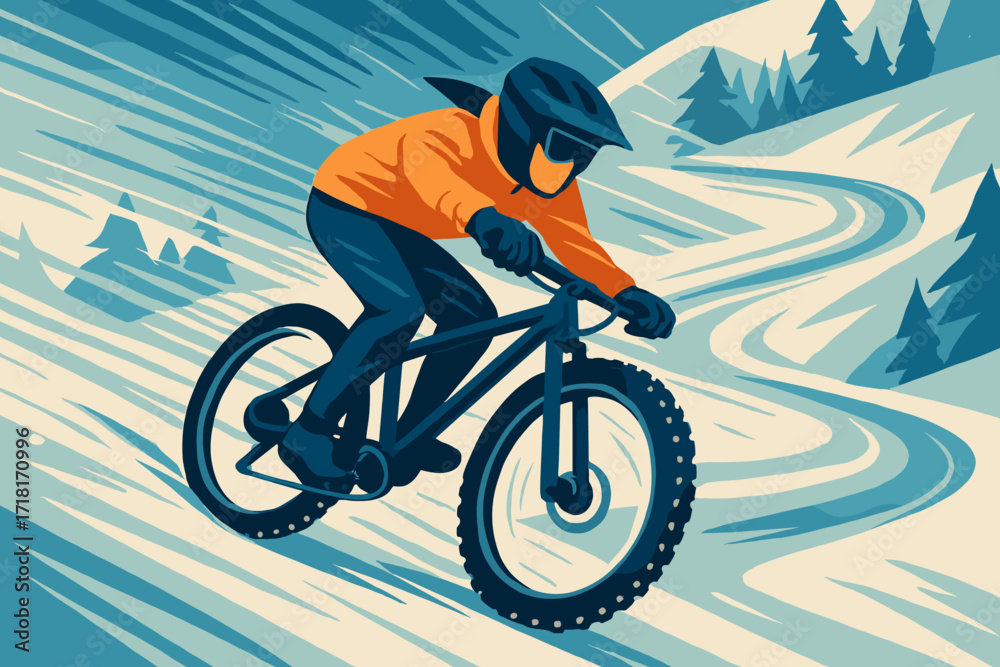 Fototapeta premium Winter mountain biking adventure in a snowy landscape with sharp curves and vibrant colors