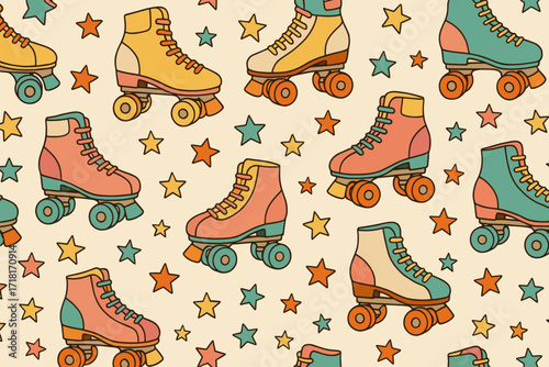 Retro roller skate seamless pattern with colorful stars on beige background, vintage nostalgic 80s and 90s style design