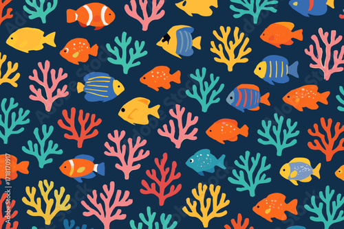 Colorful seamless pattern with tropical fish and coral reef elements on a dark ocean background