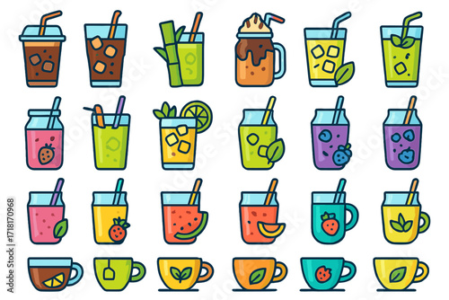 Colorful variety of refreshing drinks displayed in vibrant illustrations with fruits and garnishes at a lively summer gathering