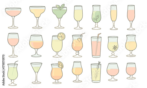 Colorful variety of drinks displayed on a white background showcasing different glass types