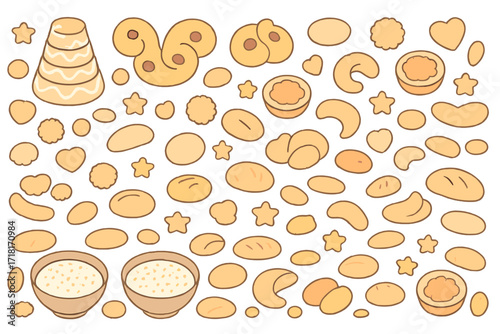 Hand-drawn seamless pattern of Scandinavian Christmas cookies, kransekake, and rice porridge on a warm festive background