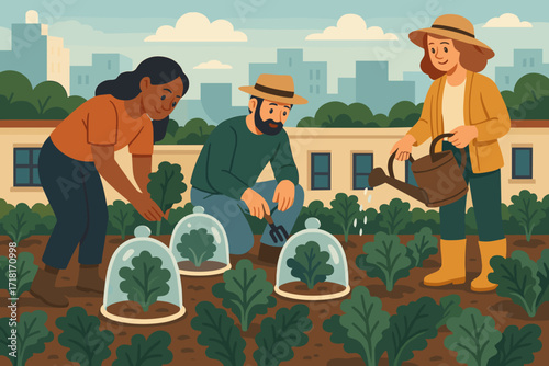 Three people gardening together in a community garden, nurturing seedlings under glass domes in the city