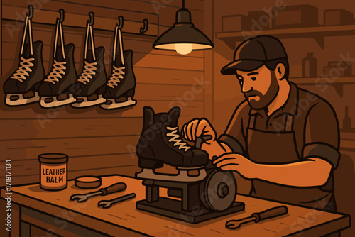 Illustration of a craftsman sharpening ice skates in a cozy workshop with hanging skates and leather balm on the table