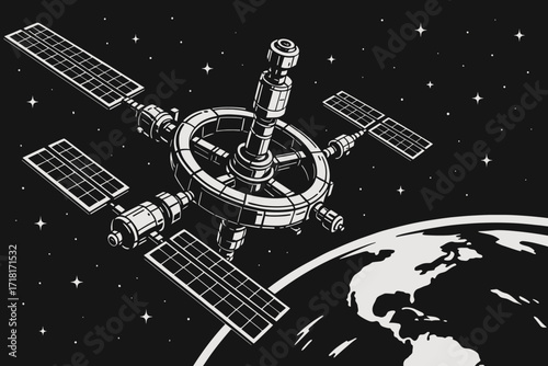 Futuristic space station orbiting Earth in deep space with stars in monochrome comic style