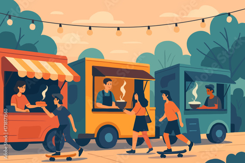 Vibrant food truck gathering at sunset with people enjoying delicious meals in a cheerful outdoor setting