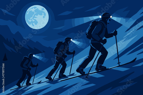 Illustration of skiers ascending a snowy mountain slope at night with headlamps under a full moon in alpine landscape
