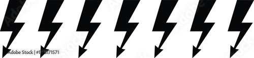 Black lightning bolt icons, electric symbol set, thunderstorm design element, vector illustration, power energy graphic