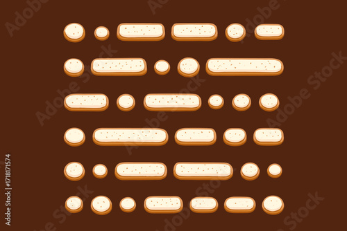 Different shapes of baked goods arranged on a brown background in a neat pattern