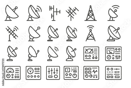 Collection of radio communication icons depicting satellite dishes, antennas, and signal graphs in a simple and modern design