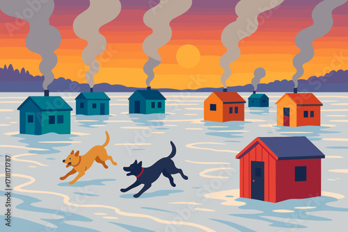 Illustration of colorful ice fishing huts on a frozen lake with smoke rising and two dogs playing during a vibrant winter sunset