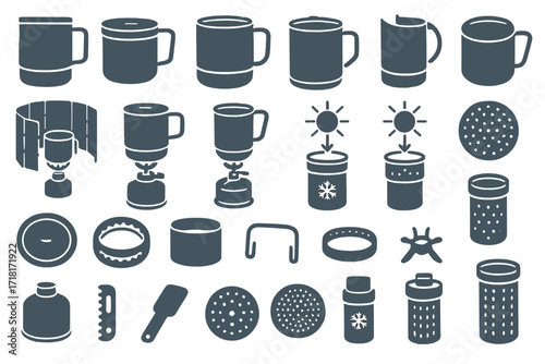 Simplicity and utility of camping gear with various mugs and cookware in a clean layout