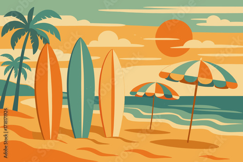 Vibrant beach scene with surfboards and umbrellas at sunset over calm ocean waves