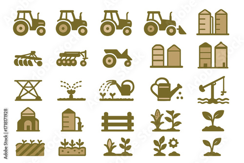 Set of agriculture and farming icons including tractors, silos, irrigation, planting, and farm equipment on green background