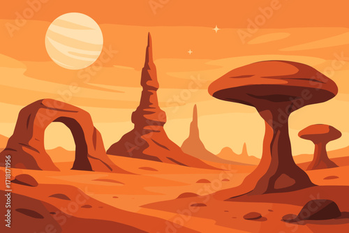 Vast orange desert landscape with unique rock formations under a large sun and distant planet in the sky