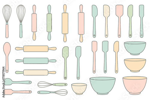 Colorful kitchen utensils showcased in a playful arrangement for cooking enthusiasts and baking lovers